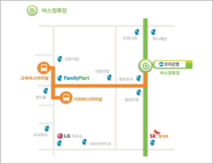 고속/시외버스터미널에서 셔틀버스 타는 곳 안내도